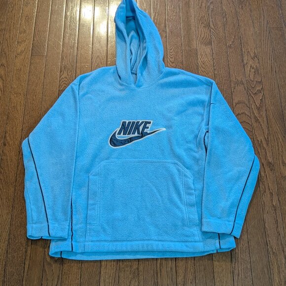 Y2K Nike Baby Blue Spellout Logo Fleece Hoodie - Size L - Picture 1 of 4